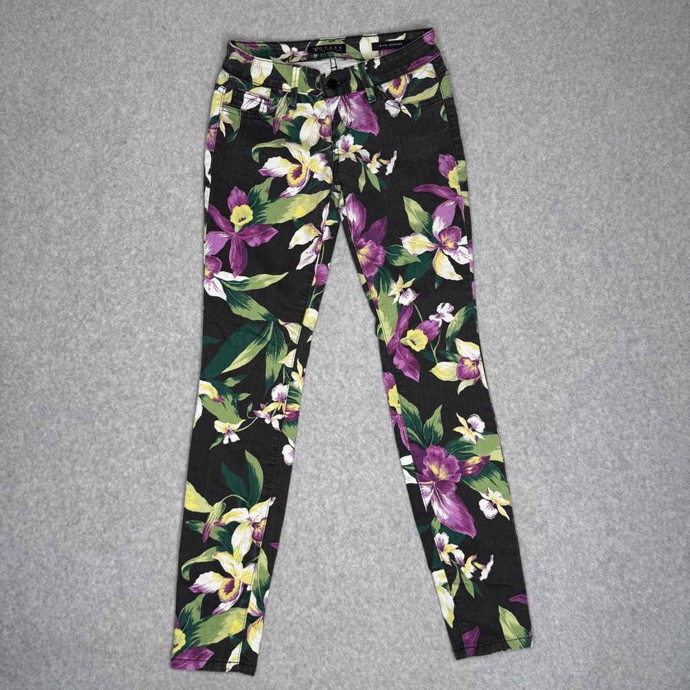 GUESS Kate Denim Leggings Womens 25 Black Tropical Floral Print Low Rise Jeans